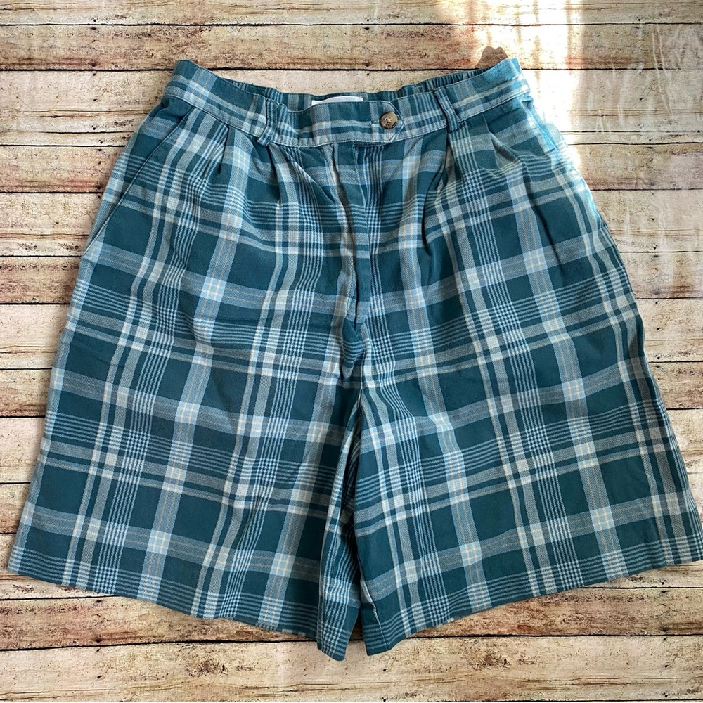 Vintage Talbots Teal Plaid Pleated High Waisted Shorts Size 8